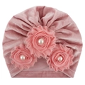 Pink velvet baby turban hat featuring three chiffon flowers and white pearl accents - Dusky Pink