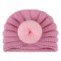 Pink knit baby beanie with donut knot decoration for warm winter headwear protection - Pink
