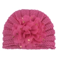 Detail of rose pink baby knitted turban with gold sequin chiffon flower embellishment - Rose Red