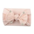 Light pink baby headband with soft nylon fabric featuring a bow and white pearls - Flesh Pink