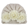 Beige baby knitted pullover hat with three chiffon roses and elegant pearl accents - One Size / Beige