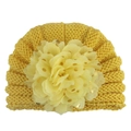 Close-up of baby knit hat in yellow with gold-dot chiffon flower detail and texture - Khaki/Earth Yellow