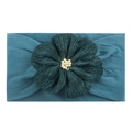 Bandeau bébé en nylon bleu sarcelle avec fleur en tissu vert foncé et perles - Bleu Marine