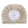 Cozy beige knitted baby donut hat with white fabric ruffle ball for winter warmth - Beige