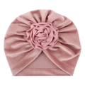 Pink velvet baby turban hat with a large decorative fabric rose on a plain white background - Dusky Pink