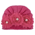 Magenta baby knit turban hat with three large 3D fabric roses and faux pearls - One Size / Rose Red