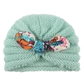 Mint green baby knit turban hat featuring a large colorful floral print bow for infants - Mint Green