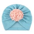 Cappellino neonato azzurro in peluche con grande fiore di raso rosa per l'inverno caldo - Blu