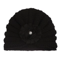 Gorro turbante de punto para bebé en negro con flor de gasa y detalle de perla - Negro
