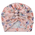 Dettaglio del cappello a turbante rosa per neonati con stampe floreali e tre fiocchi - Rosa Chiaro Floreale