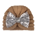 Detailed knit texture of brown baby hat with a shimmering silver sequin bow detail - Coffee