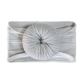 Detail of cream-colored newborn headband with soft knit texture and large donut knot - Gray