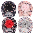 4-pack of elastic baby flower hats with gold foil dot chiffon floral patterns - Navy Pink Black And Grey Floral Styles