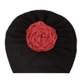 Cappello a turbante nero foderato in pile per bambini con grande rosa di stoffa rossa - Nero
