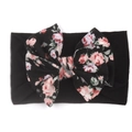 Détail du bandeau bébé élastique avec un grand nœud en nylon à motif de roses - Noir
