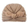 Chic beige knitted turban hat for babies featuring a textured corn grain knit and bow - Coffee