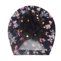 Baby Turban Mütze mit dunkelrosa Blumenmuster und großer schwarzer Netzblume mit Pailletten - Dunkelblau Floral (A)