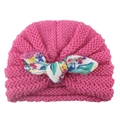 Rose pink baby knit turban hat with a colorful floral print bow for infant warmth - Rose Red