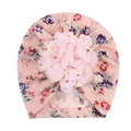 Baby Turban Mütze in Rosa mit Blumenmuster, Goldfolien-Pailletten und großer Chiffonblume - Rosa Floral (B)
