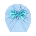 Infant light blue cotton turban hat featuring a shiny green sequin bow decoration - Light Blue Zircon