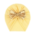 Gelbe Baby-Turban-Mütze mit großer goldener Paillettenschleife auf weichem Strickstoff - Gelb
