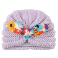 Light purple knitted baby hat with a colorful floral fabric bow decoration - Light Purple