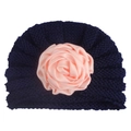 Navy blue knitted baby flower beanie with a large pink satin rose for infant girls - Navy Blue