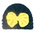 Detail of baby knit hat in navy blue featuring a large bright yellow chiffon bow decoration - Navy Blue
