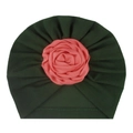 Turbante neonato verde scuro con rosa 3D rosa e morbido tessuto con plissettatura - Verde Scuro