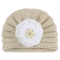 Bonnet en tricot beige pour bébé avec grande fleur en satin blanc et centre en perles - Beige