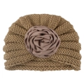Knitted baby turban hat in camel brown featuring a large decorative satin flower - Coffee