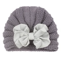 Newborn dark grey knit turban hat with a large light grey bow for autumn winter wear - Gray