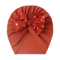 Newborn ribbed knit turban hat in brick red with large gold polka dot red bow - One Size / Wine Red