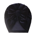 Close-up of navy blue velvet baby turban hat featuring a large soft decorative bow - One Size / Navy Blue