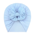 Detail of soft light blue baby turban hat with a large textured bubble gauze bow knot - Light Blue