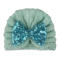 Knitted mint green baby winter hat with a large sparkling blue sequin bow decoration - Mint Green