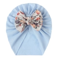 Close-up of light blue baby turban featuring a large floral rose print bow detail - Blue Gray