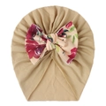 Detail of baby turban hat in khaki fabric with large floral print bow decoration - Light Coffee