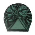 Close-up of soft dark green velvet baby turban with a large decorative bow detail - One Size / Dark Green