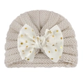 Knitted baby turban hat in beige with large gold polka dot bow detail for autumn - Beige