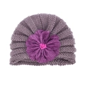 Detailed macro view of the purple knit baby hat featuring a large layered fabric flower - One Size / Taro Purple and Dark Eggplant Purple