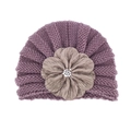 Close-up of the large fabric flower and pearl bead on the knit purple baby hat - One Size / Taro Purple and Gray