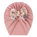 Soft pink baby turban hat with a large floral bow detail on a plain white background - Dusty Pink Mix