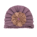 Detailed texture of baby knit hat with large brown fabric flower and purple bead core - One Size / Taro Purple and Dark Coffee