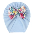 Light blue baby turban hat featuring a large floral print bow on a soft knitted fabric - Light Blue