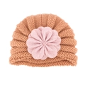 Detailed macro view of the thick knitted texture and large 3D fabric flower on the baby hat - One Size / Light Coffee and Dusty Pink
