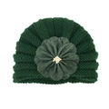 Detailed texture of dark green knit baby hat with large satin flower and pearl beads - One Size / Dark Green