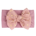 Bandeau bébé rose clair avec bande en nylon et nœud à pois pailletés dorés - Violet Taro