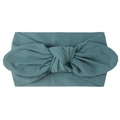 Detailed close-up of the knitted texture and bow knot on the mint green baby headband - Navy Blue