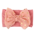 Bandeau bébé en nylon rose avec un grand nœud double épaisseur et pois dorés brillants - Mauve Foncé